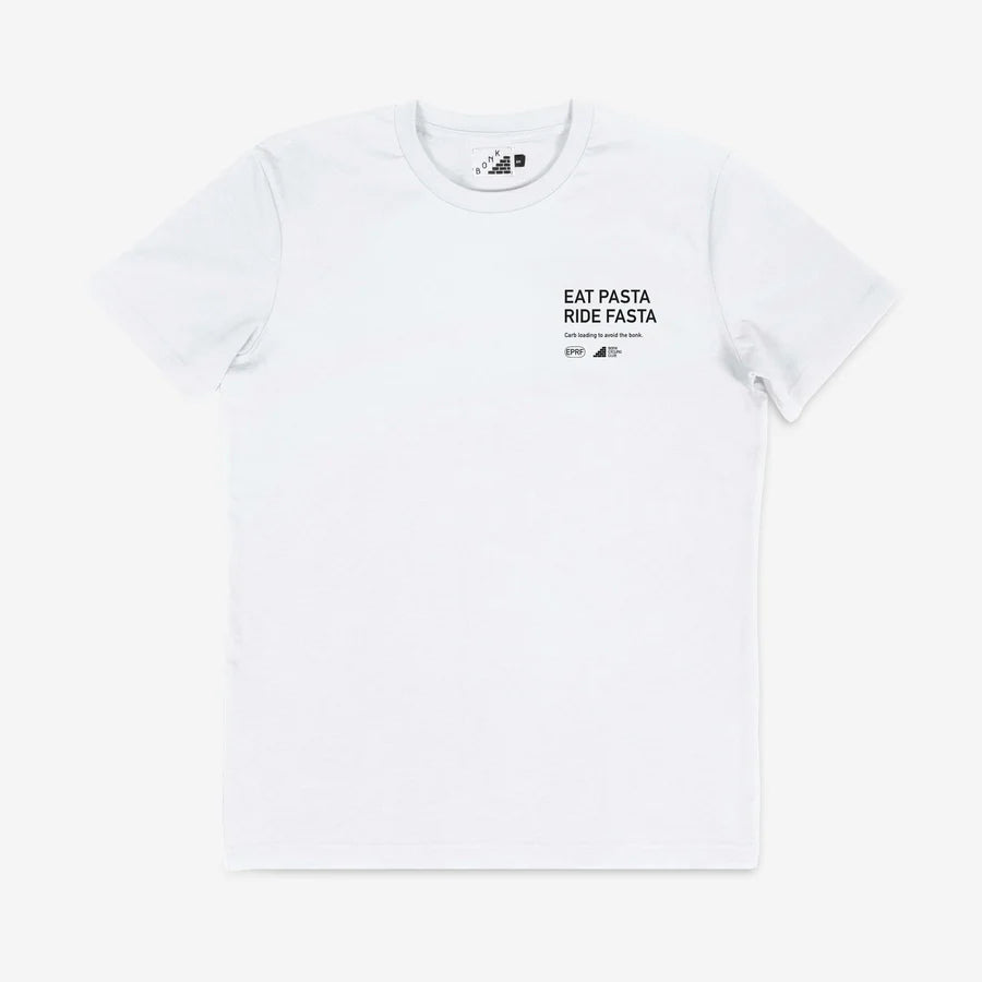 White t-shirt with text 'EAT PASTA RIDE FAST' on a white background - Nuremberg, Germany