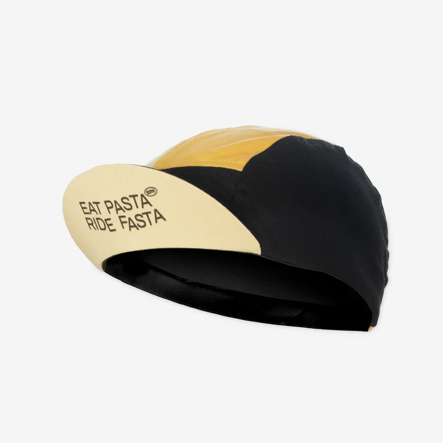 BONK - Pasta Cycling Cap - Black/Yellow - Nuremberg, Germany - visor up
