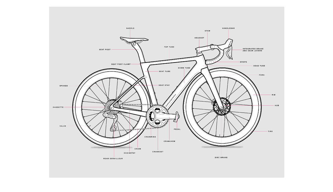 Road bike parts diagram showing the names of different bike parts