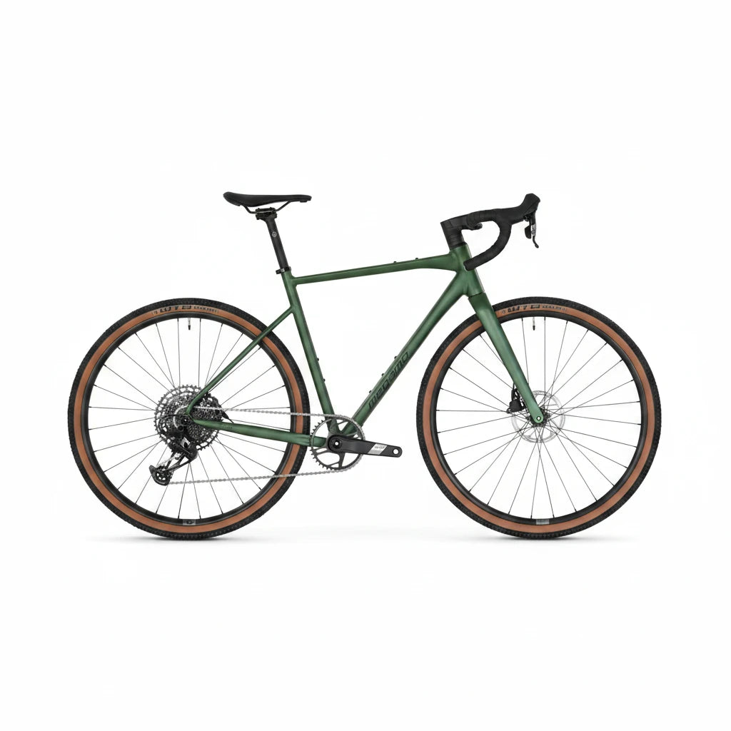 A green gravel bicycle with black handlebars, saddle, and drivetrain, featuring brown sidewall tires, shown from a side profile on a light gray background.